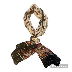 Women’s Silk Metallic Thread Scarf. Black, Cream, Red Abstract Paisley Print.24”